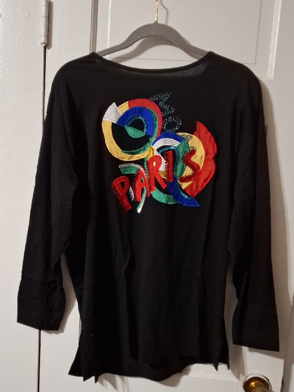 Carole Little Black Long-Sleeve Top with Multicolor Paris Applique (Mis227)